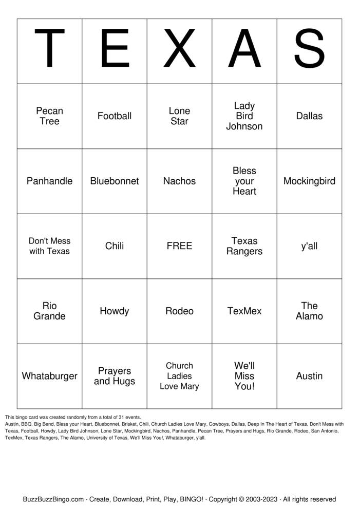 Download Free Mary Is Moving to Texas! Bingo Cards