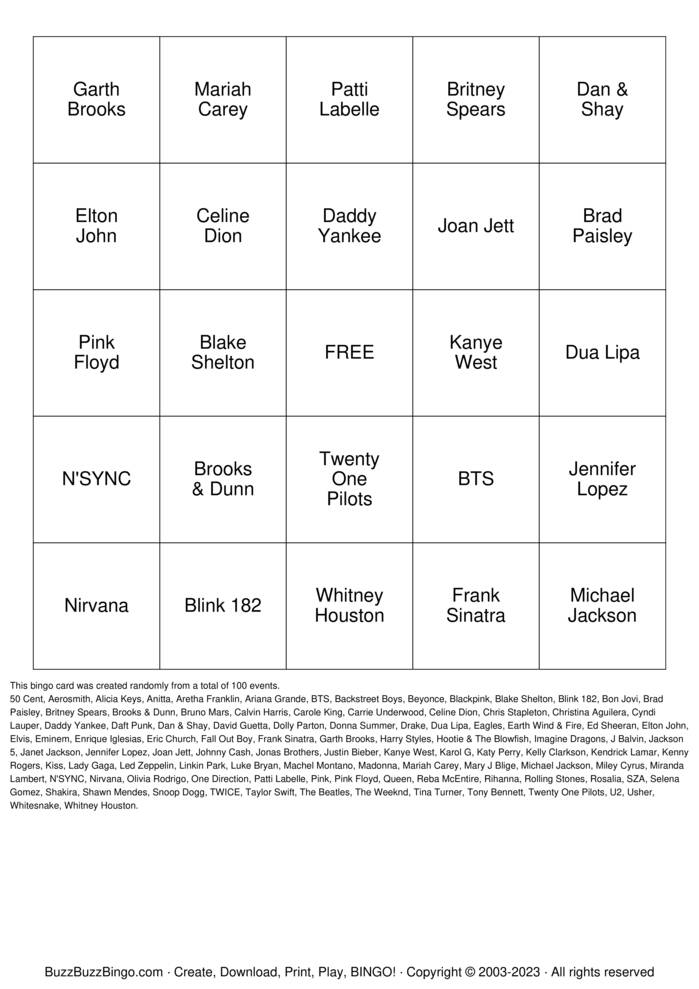 Download Free Music Bingo Cards