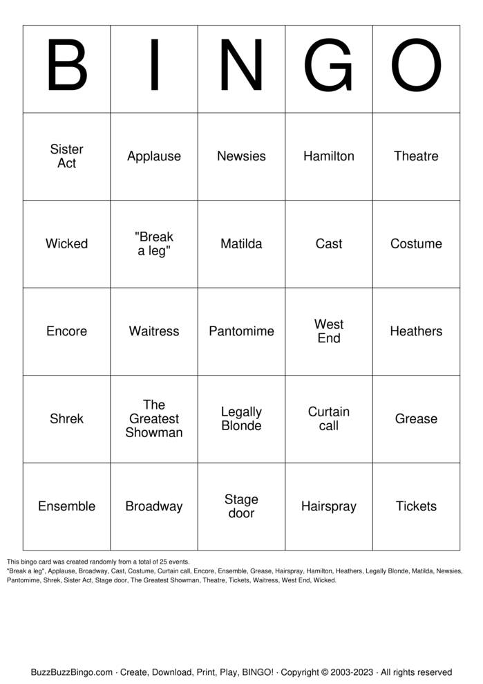 Musicals! Bingo Cards to Download, Print and Customize!
