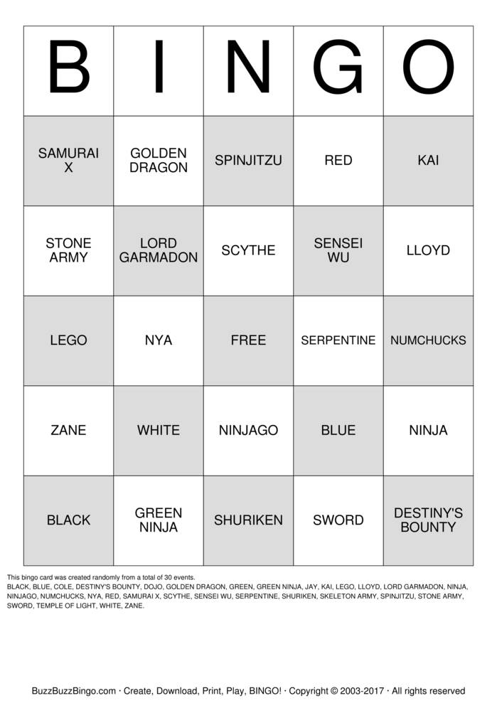 Download Free NINJA Bingo Cards