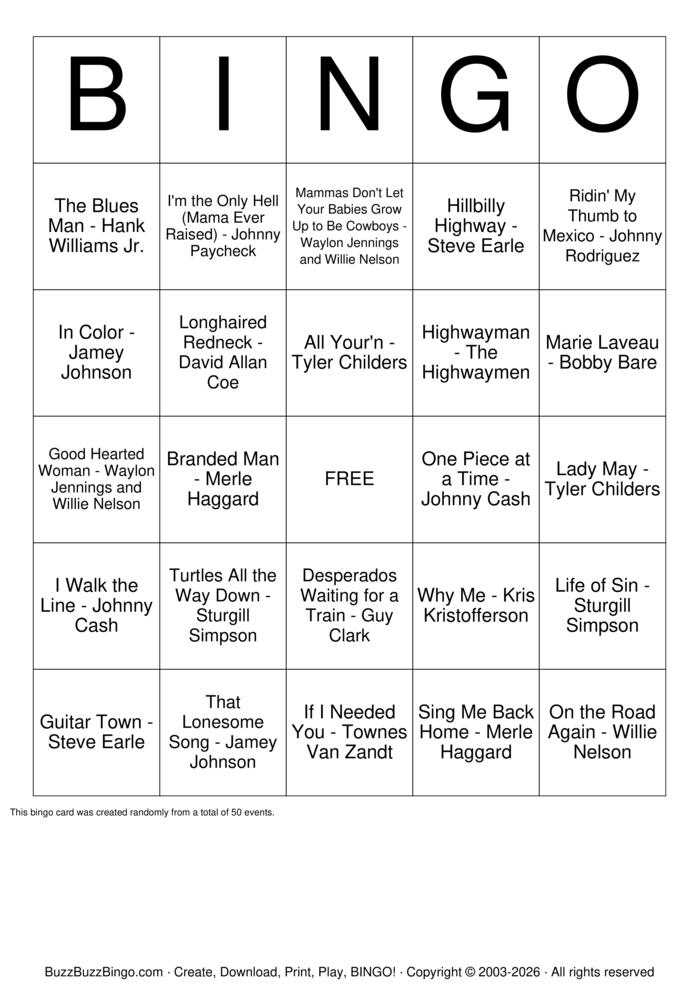 Download Free Outlaw Country Top 50 Bingo Cards Download Free Outlaw Country Top 50 Bingo Cards