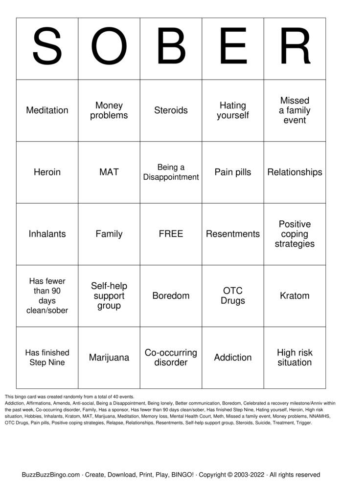 Download Free Recovery Bingo Cards Download Free Recovery Bingo Cards