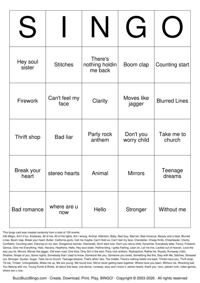 Download Free SINGO - CLASSIC Bingo Cards