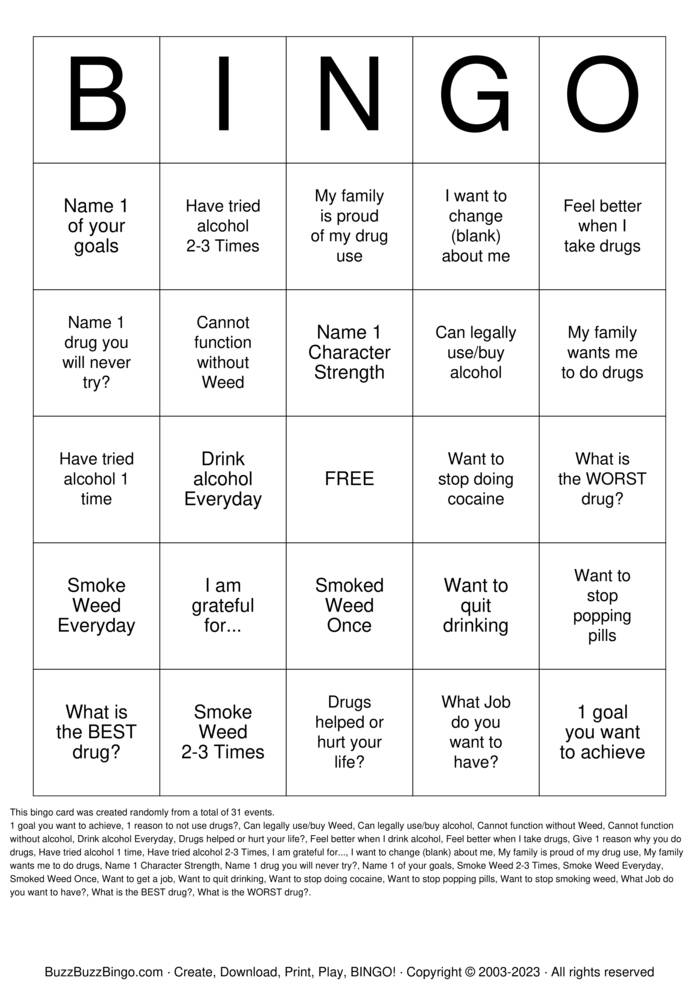 Substance Abuse Bingo Cards to Download, Print and Customize!