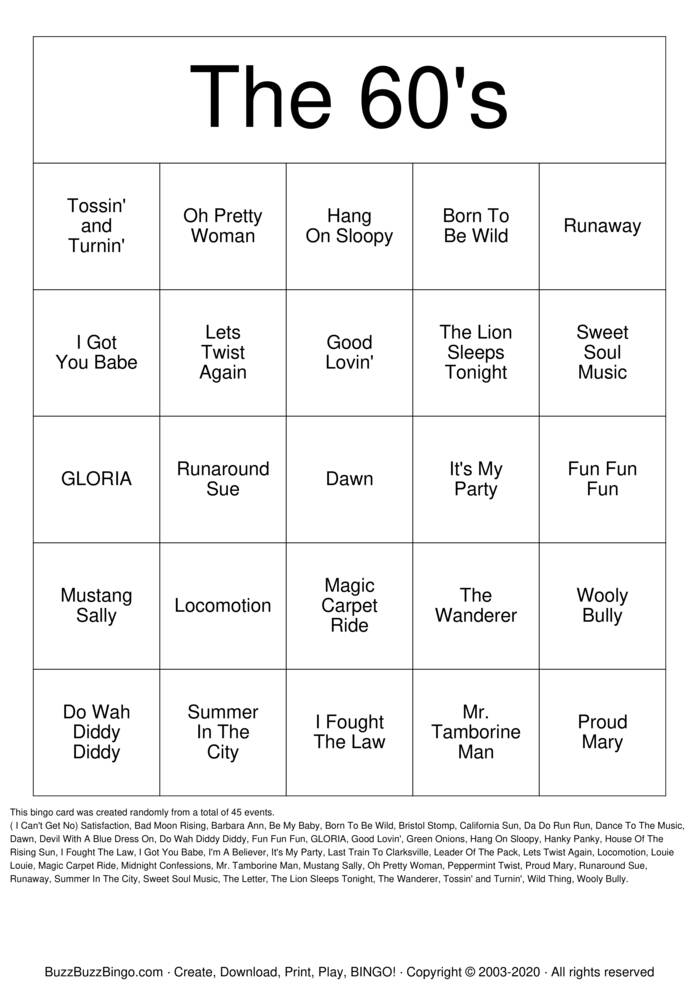 Download Free The 60's Bingo Cards