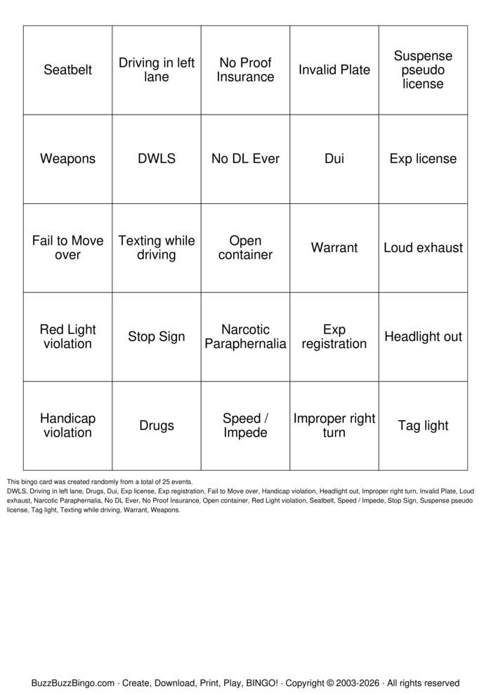 Download Free Traffic Stop Bingo Bingo Cards