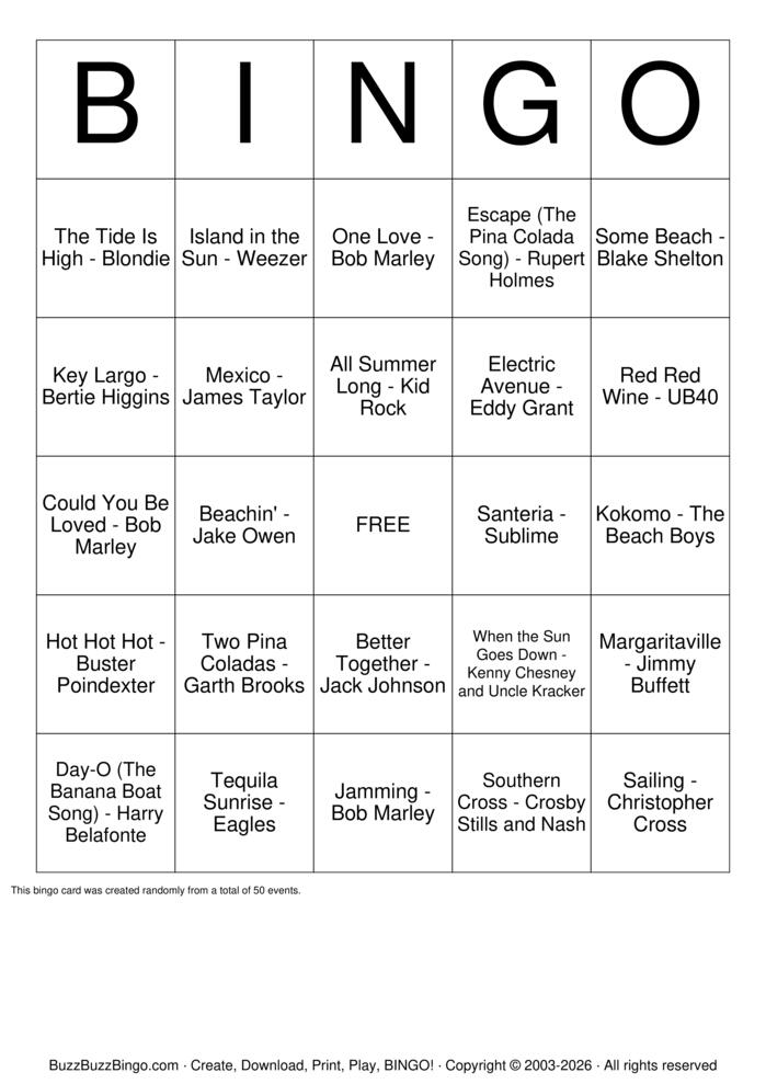 Download Free Trop Rock Top 50 Bingo Cards