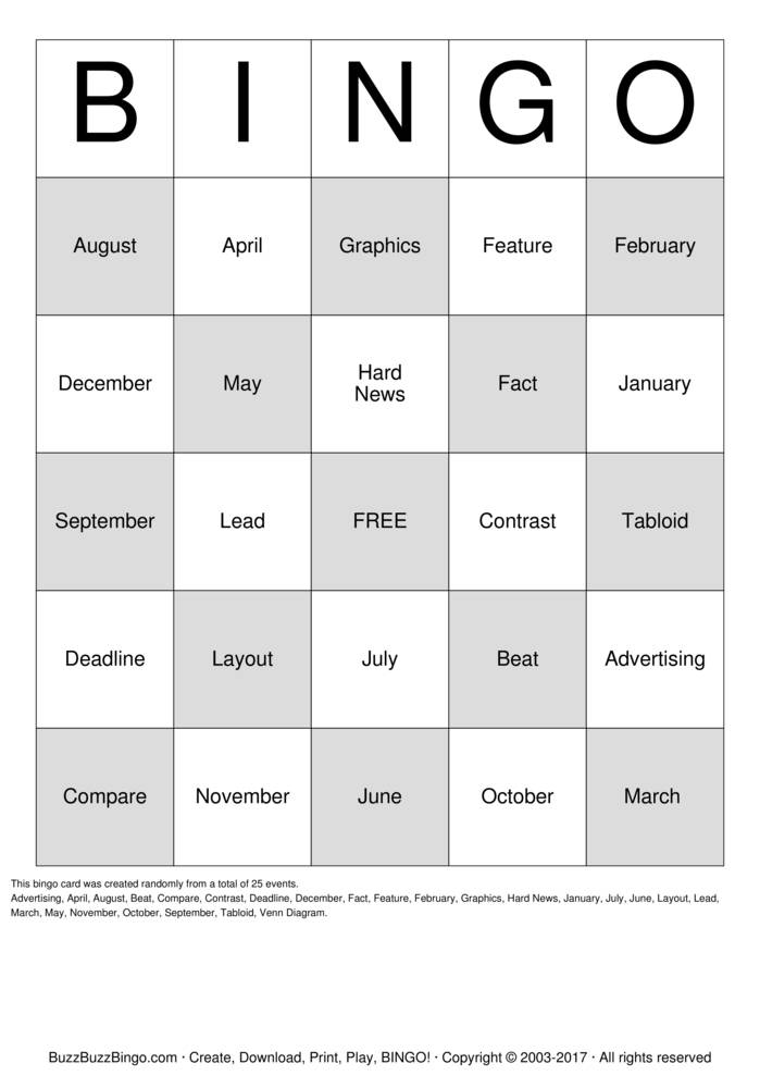 Free Printable Vocabulary Bingo Cards