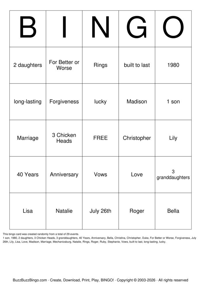 Download Free 40th Anniversary Bingo Bingo Cards Download Free 40th Anniversary Bingo Bingo Cards