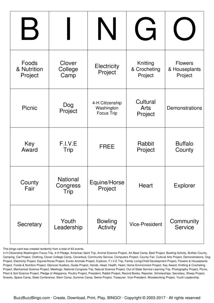 Download Free 4H Bingo Bingo Cards