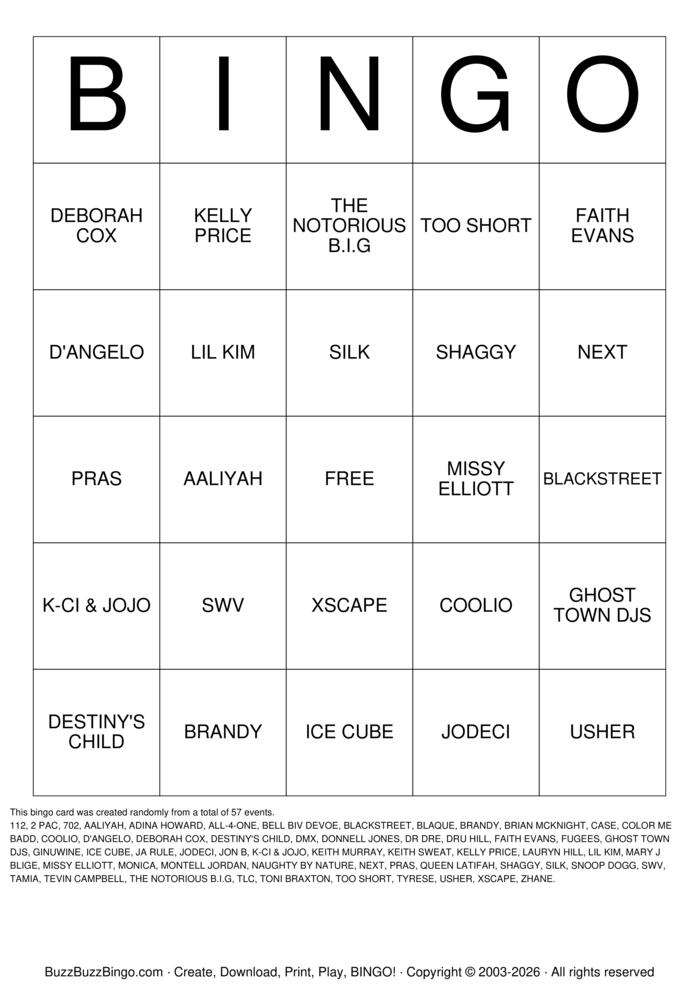 Download Free 90'S R&B/HIP HOP Bingo Cards