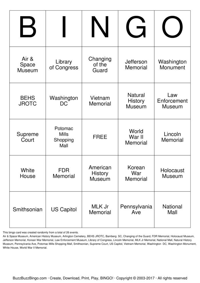 Download Free BEHS JROTC Trip to DC Bingo Cards