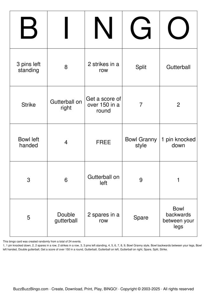 Download Free BOWLING Bingo Cards