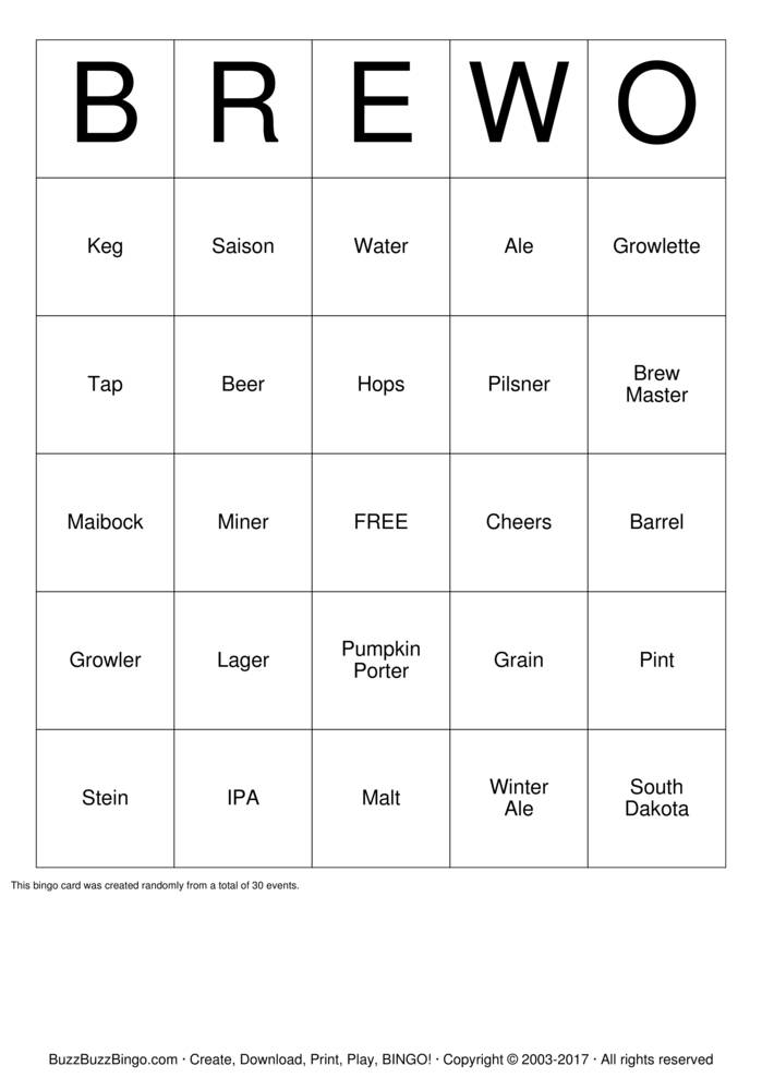 Download Free Beer  Bingo Cards