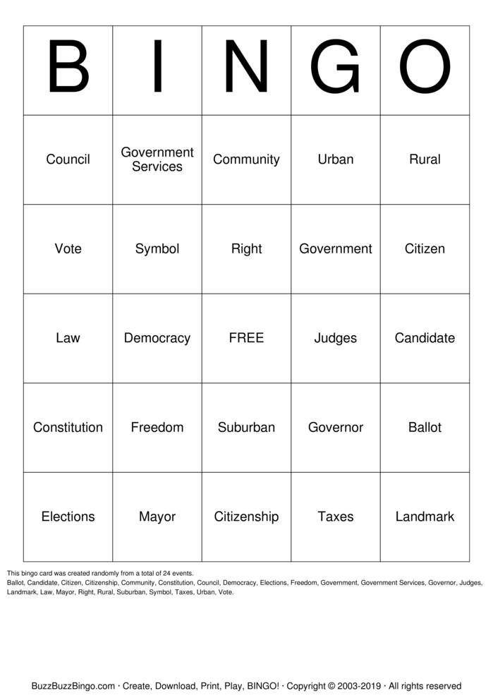 Civics Bingo Cards to Download, Print and Customize!