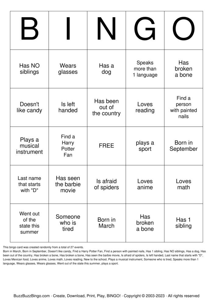 Download Free Classmate Bingo Bingo Cards