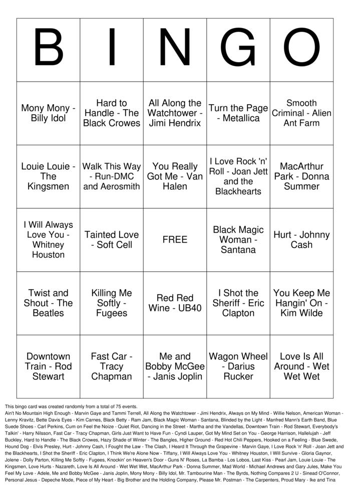 Download Free Cover Songs vs Originals Bingo Cards
