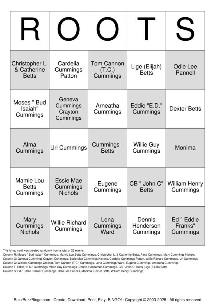 Download Free Cummings - Betts Bingo Bingo Cards