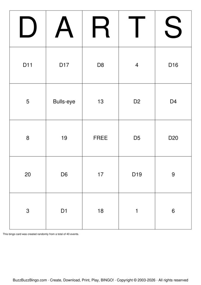 Download Free Darts Bingo Cards