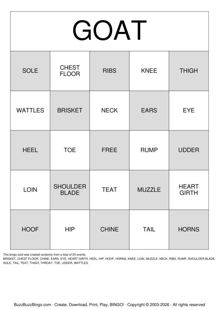 Download Free GOATS Bingo Cards Download Free GOATS Bingo Cards