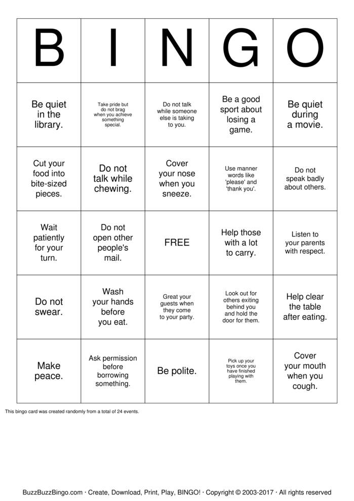 Download Free Manners Bingo Cards