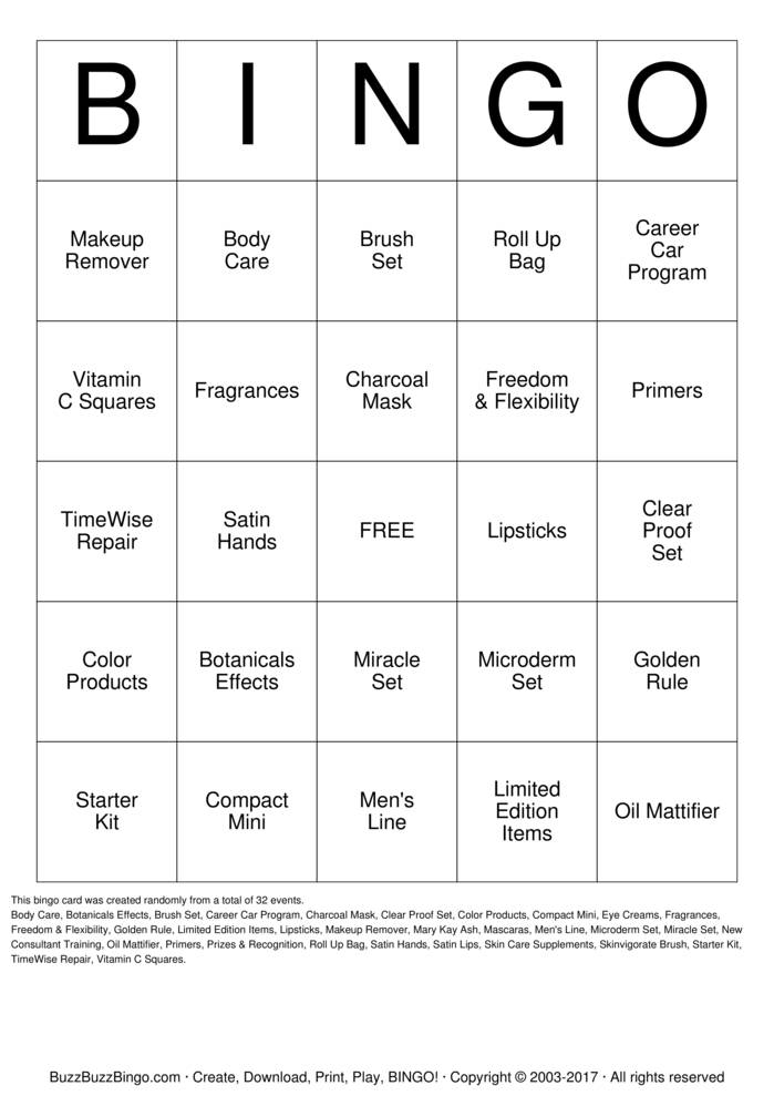 Download Free Mary Kay Bingo Bingo Cards