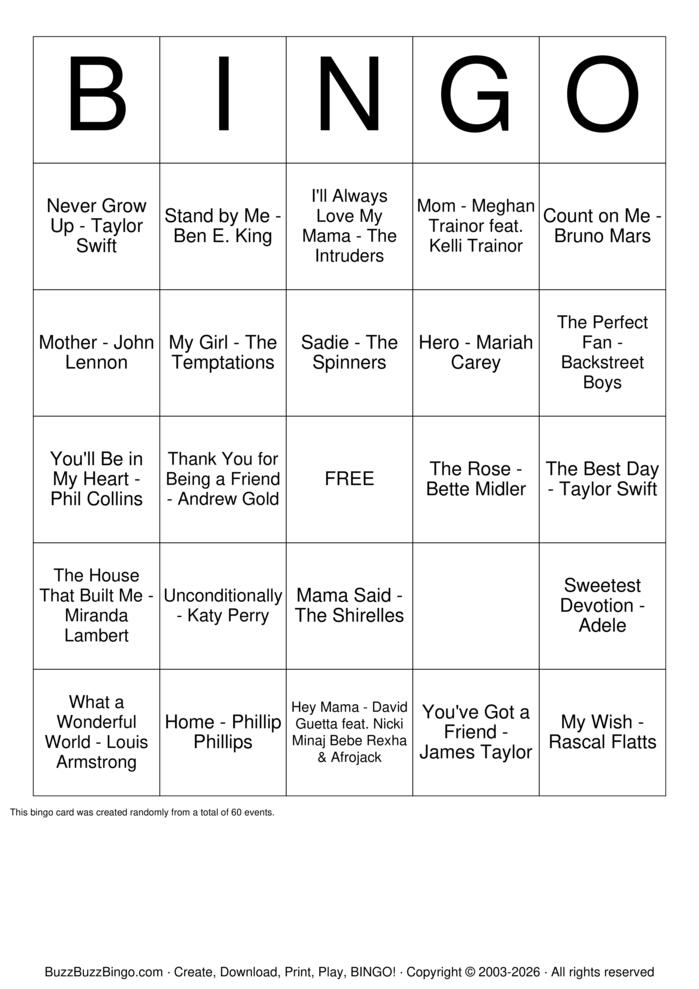 Download Free Mother's Day Songs Bingo Cards