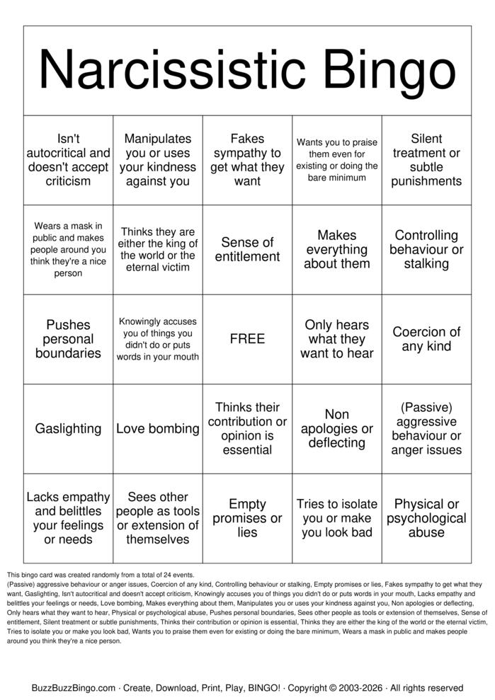 Download Free Narcissistic Traits Bingo Cards