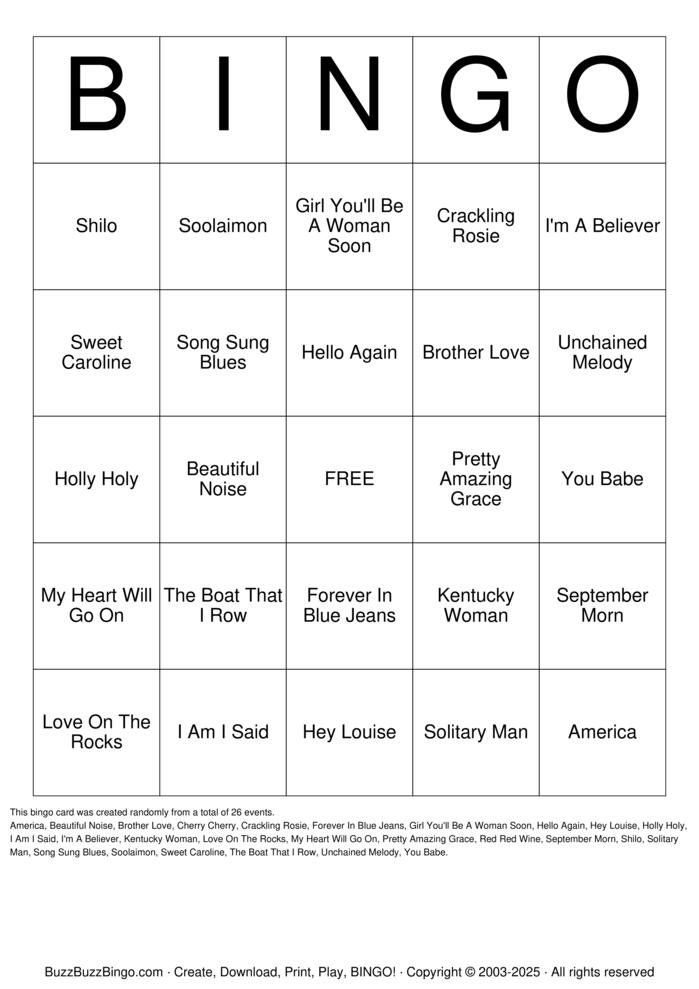 Download Free Neil Diamond Bingo Cards Download Free Neil Diamond Bingo Cards