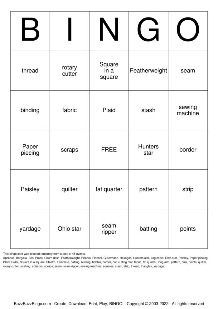 QUILT Bingo Cards to Download, Print and Customize!
