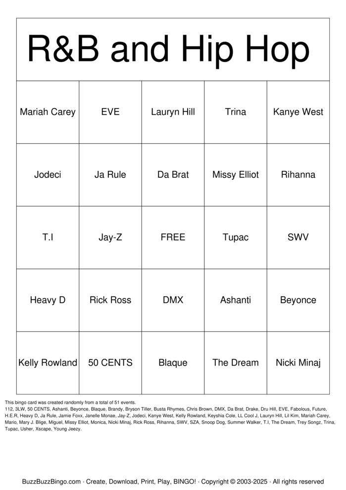 Download Free R&B and Hiphop Bingo Cards
