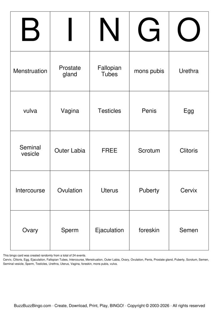Download Free Reproductive System Bingo Cards Download Free Reproductive System Bingo Cards
