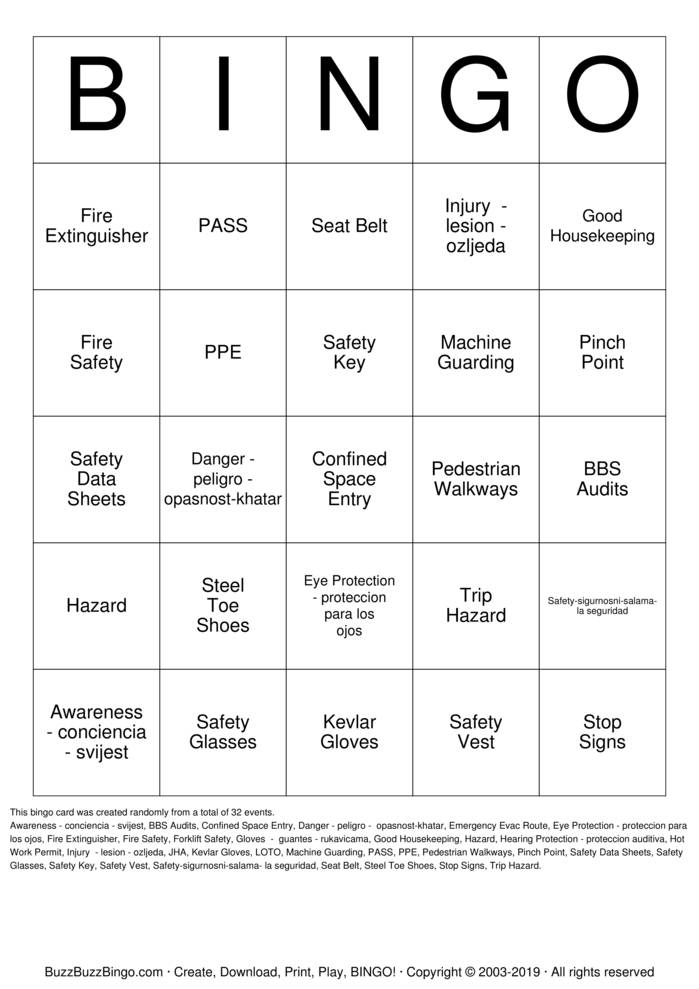 Download Free Safety Bingo Cards