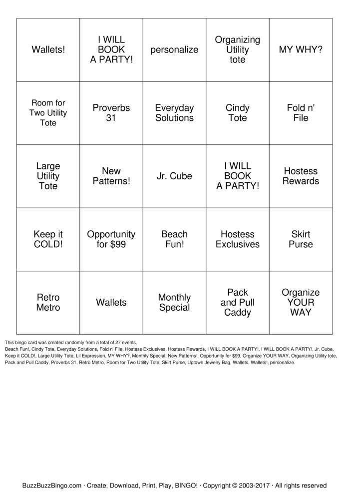 Download Free Thirty One Gifts Bingo Cards