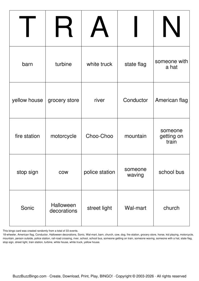 Download Free Train to Charleston SC  Bingo Cards