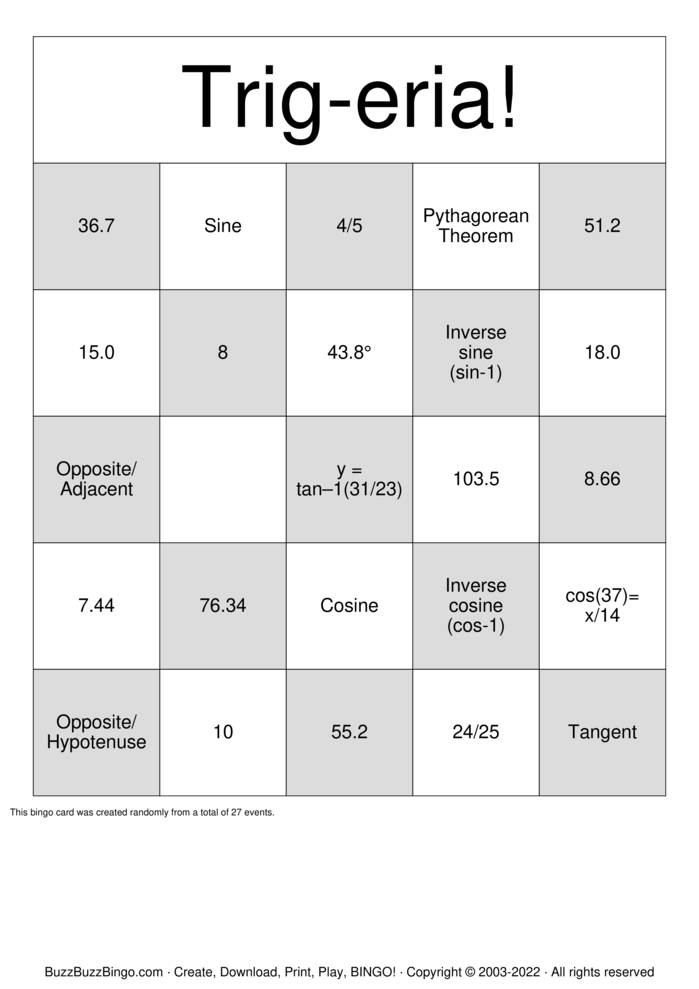 Trigonometry Loteria Bingo Cards to Download, Print and Customize!