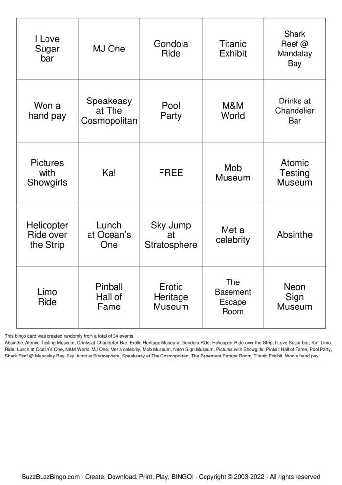 VEGAS Bingo Cards to Download, Print and Customize!