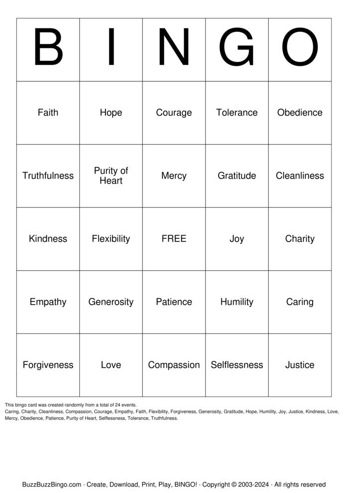 Download Free VIRTUES Bingo 2 Bingo Cards Download Free VIRTUES Bingo 2 Bingo Cards