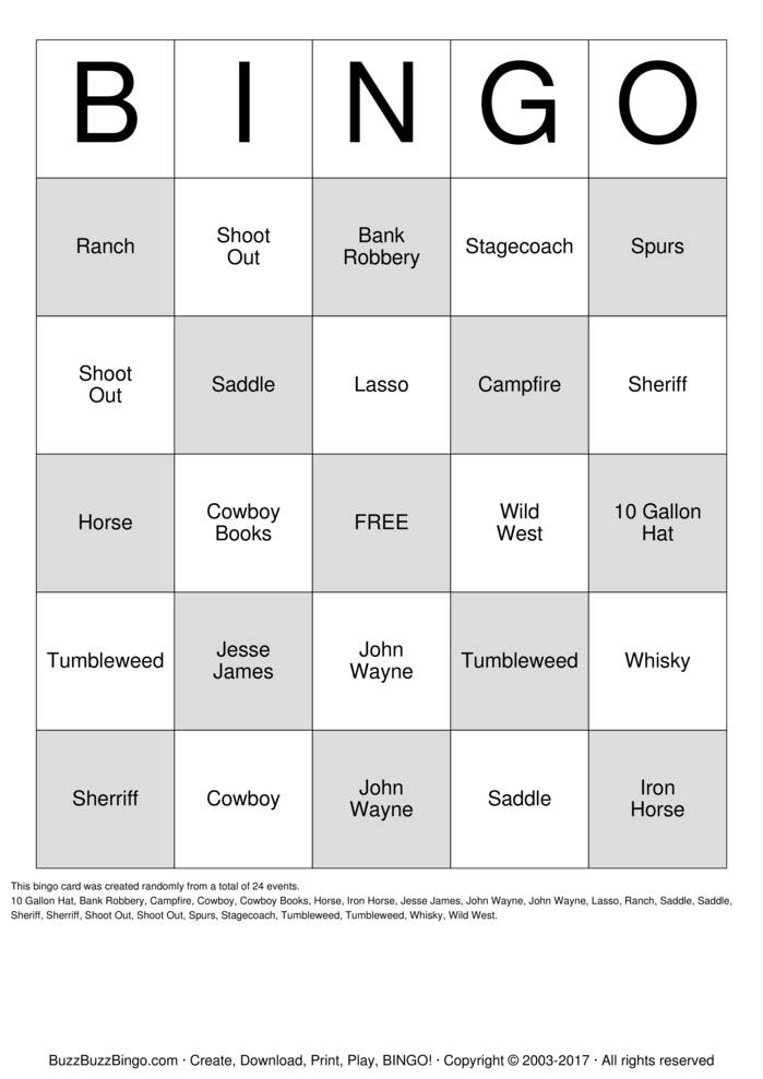 Download Free Western Bingo Cards Download Free Western Bingo Cards