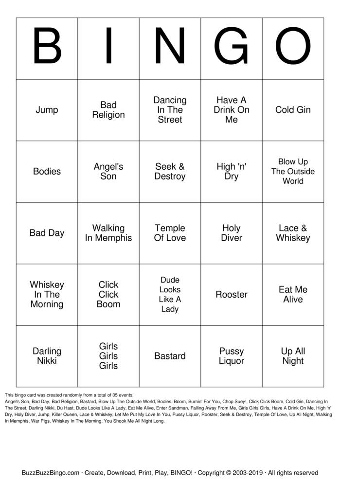 classic rock Bingo Cards to Download, Print and Customize!