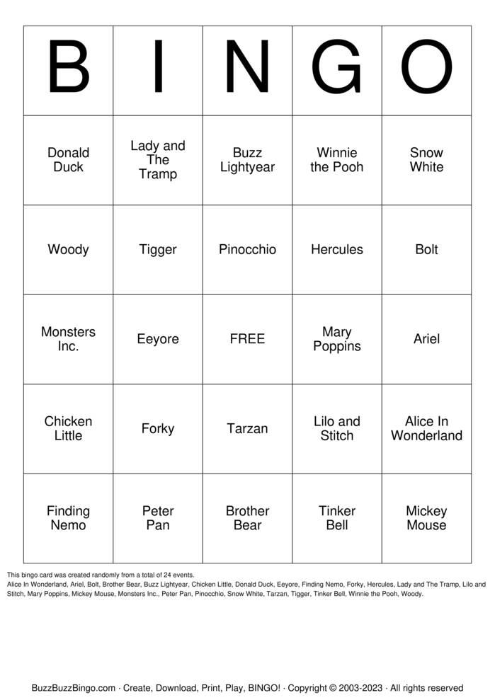 Download Free toy story Bingo Cards