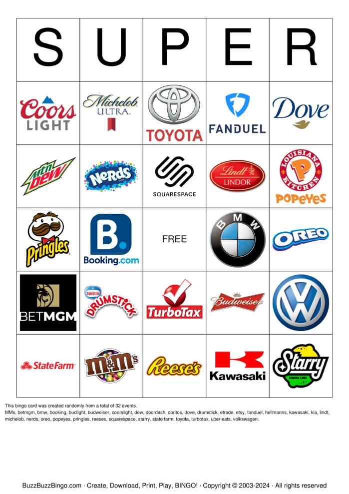Download Free 2024 Superbowl Commercial Logos Bingo Cards