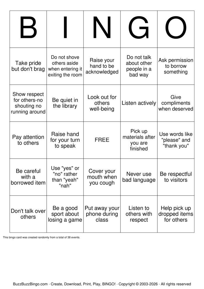 Download Free Being Polite Bingo Cards