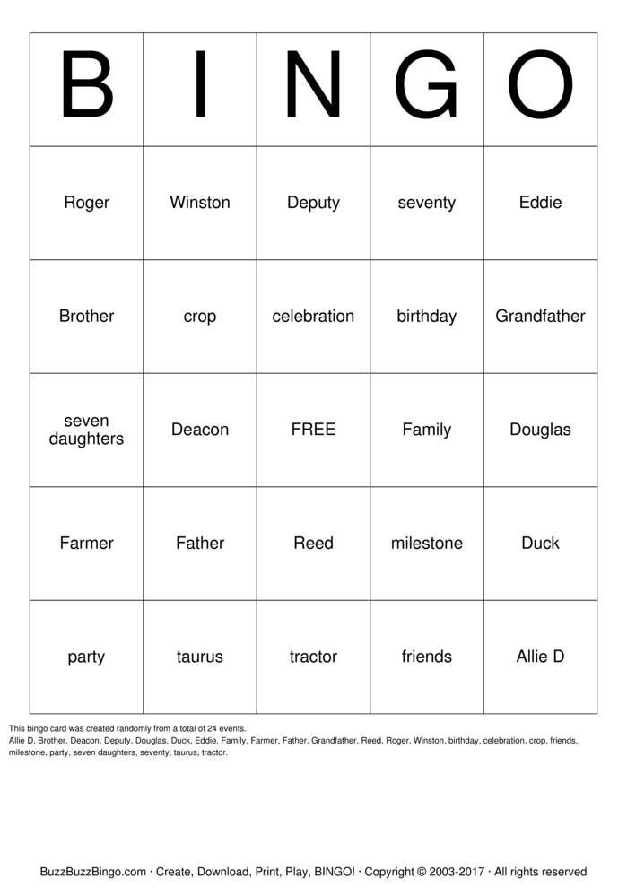 Download Free Celebrating 70 Bingo Cards