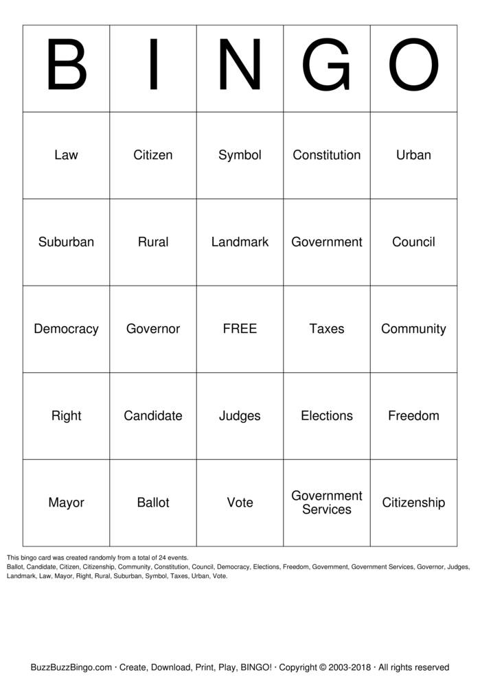 Civics and Government Bingo Cards to Download, Print and Customize!