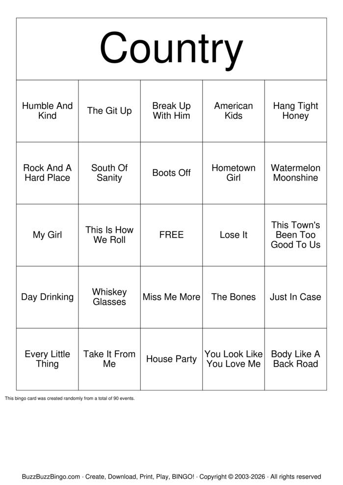 Download Free Country Bingo Cards Download Free Country Bingo Cards