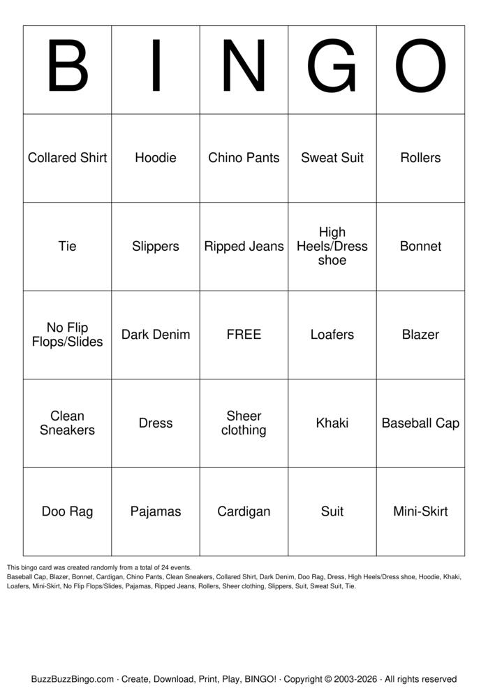 Download Free Dress Code Bingo Cards Download Free Dress Code Bingo Cards