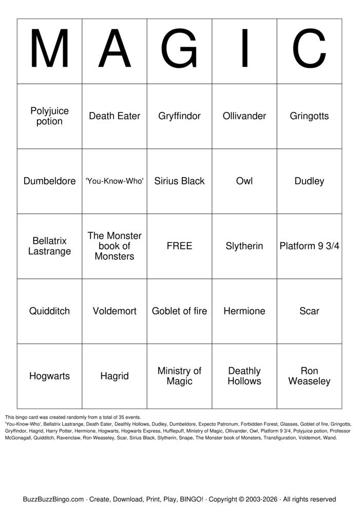 Download Free Harry Potter Bingo Cards
