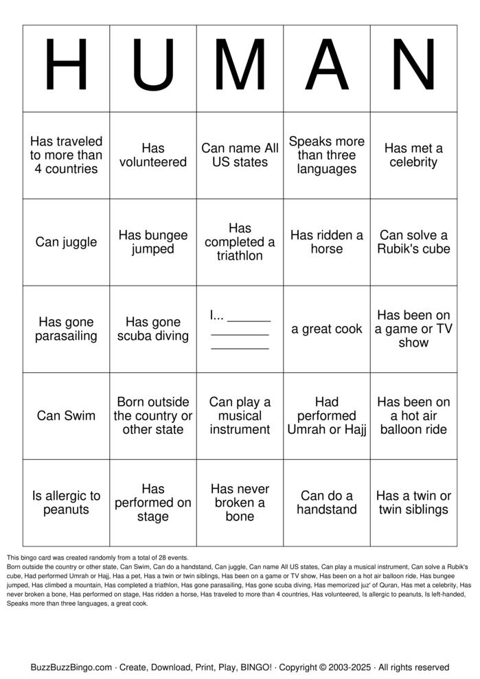 Download Free Human Bingo Bingo Cards