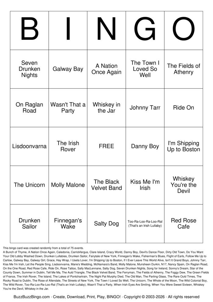 Download Free Irish Pub Songs Titles Bingo Cards